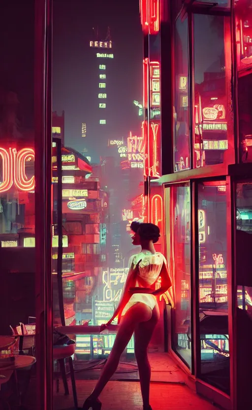 Image similar to vertical movie frame, girl in 5 0's retro restaurant, editorial, fashion, neon - decorated urban on night in the city seen through the window, modern architecture design, vintage, night, blade runner, dark, postapocalyptic, clean lines, asian futuristic city at distance, big windows, octane, wide angle