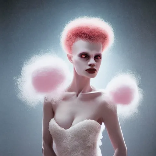 Image similar to portrait of a cute bride of frankenstein with soft pink and white cotton fluffy balls floating in image, fashion photography, highly detailed, digital photography by jheronimus bosch and james jean and james rutkowski
