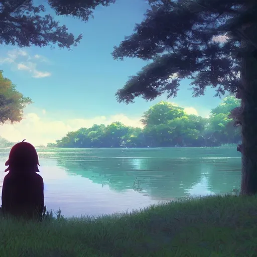 Image similar to a person sitting by a lake, seen from the back, in an enchanted forest, by makoto shinkai, myazaki hayao, warm colors