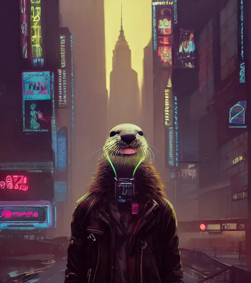 Image similar to new york city portrait of furry anthro anthropomorphic river otter head animal person fursona wearing clothes strange cybernetic muzzle gloomy rainy screenshot from the video game cyberpunk 2077 digital art by Greg Rutkowski, Simon Stalenhag, christopher nolan trending on Artstation, CGSociety