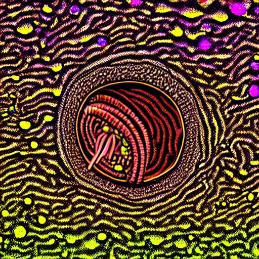 Prompt: plant cell being eaten by nematode worms, microscopy, microscope, psychedelic, halftone, science, scientific, journal