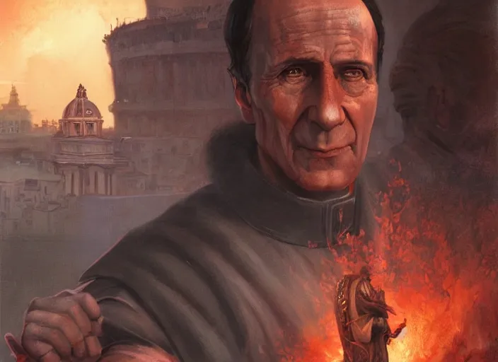 Image similar to julius caesar taking a selfie with an iphone as rome burns behind him by charlie bowater and john howe