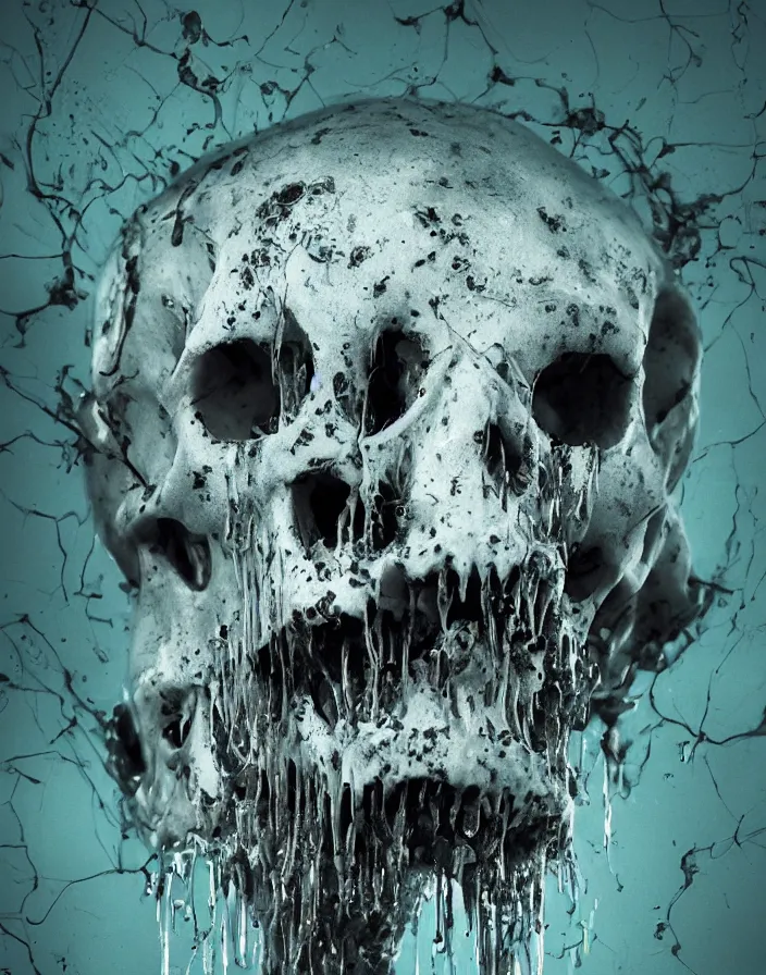 Image similar to portrait of a melting wax skull. intricate abstract. sharp teeth. delicate artwork. infected by zombie fungus. by Tooth Wu, wlop, beeple, dan mumford. octane render, trending on artstation, greg rutkowski very coherent symmetrical artwork. cinematic, hyper realism, high detail, octane render, 8k, depth of field, bokeh. chrome accents.