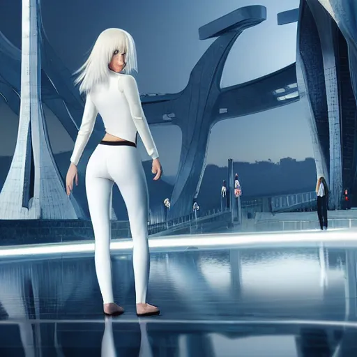 Image similar to platinum - blonde - haired long bob cut blue - eyed princess wearing white leggings and black jacket, standing next to communist monument, futuristic city, anime, hd anime wallpaper, hyperrealistic lighting, octane render, volumetric lighting, drawn by artgerm