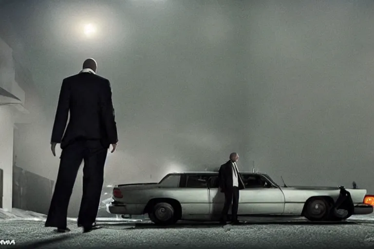 Image similar to movie scene, hitman waiting outside a house in his car, night, silenced pistol, by emmanuel lubezki