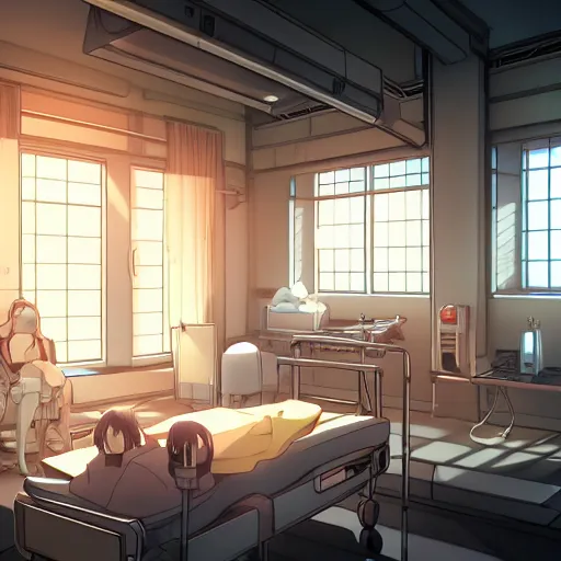 Image similar to interior of a medical ward, anime fantasy illustration by tomoyuki yamasaki, kyoto studio, madhouse, ufotable, square enix, cinematic lighting, trending on artstation