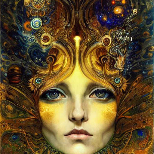 Image similar to Divine Chaos Engine by Karol Bak, Jean Deville, Gustav Klimt, and Vincent Van Gogh, beautiful visionary mystical portrait, sacred, otherworldly, fractal structures, ornate gilded medieval icon, third eye, spirals