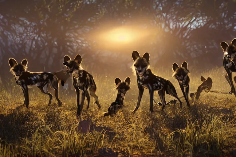 Prompt: a pack of african wild dogs on the african plains, friendly, long grass, sparkling water, glistening, hyper realistic, hyper detailed, digital art, trending in artstation, cinematic lighting, studio quality, smooth render, unreal engine 5 rendered, octane rendered, by paul lehr