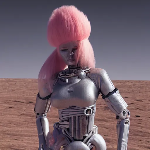 Image similar to a close up of a female woman, synthetic fashion model with large hair, standing on a martian landscape, cinematic movie scene, inspired by the movie the fifth element, by kim jung gi, hyperrealistic, fine details, octane render, volumetric lighting