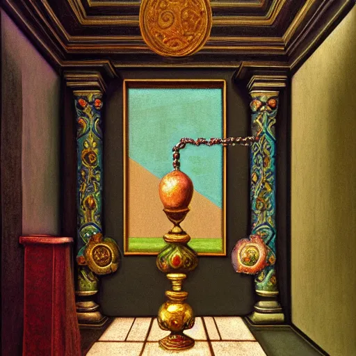 Image similar to still life renaissance pastel painting of a room with a marbled pedestal displaying an ancient holy artifact medallion, chromed and ornate with gentle iridescent shine from within. perspective from the side. realistic light and shadows. moody final fantasy art