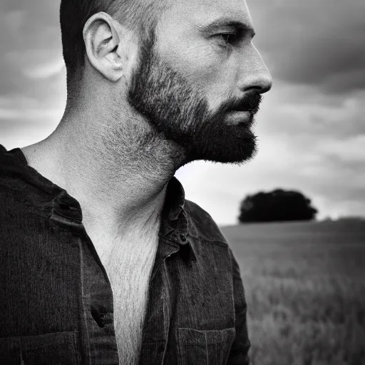 Prompt: a modern abstract portrait of a man, a field in the background, black-and-white, profile picture, 50 mm