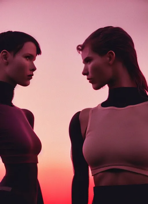 Prompt: cinestill 5 0 d photographic portrait of two loving female androids wearing rugged black mesh techwear crop top on a desolate plain with a red sky, extreme closeup, modern cyberpunk, dust storm, 8 k, hd, high resolution, 3 5 mm, f / 3 2, ultra realistic faces, ex machina, blade runner