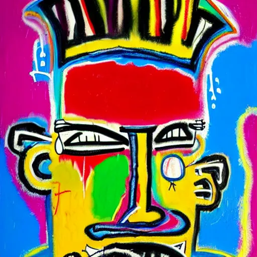 Image similar to colorful odd colors detailed abstract neo expressionism chaotic oil painting of sad boy business man depressed with tattoos by basquiat