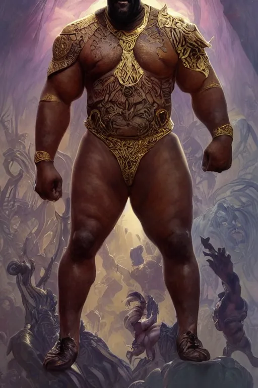 Prompt: portrait of shaquille o'neal as a hulking herculean demon, forest, godlike, full body, fantasy, intricate, elegant, highly detailed, digital painting, artstation, concept art, sharp focus, illustration, art by artgerm and greg rutkowski and alphonse mucha