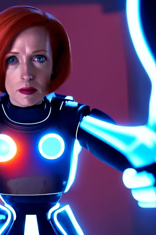 Prompt: dana scully in tron : legacy ( 2 0 1 0 ), cyberpunk aesthetic, glowing panel lines, octane render, nvidia, artstation trending, ultrasharp detail