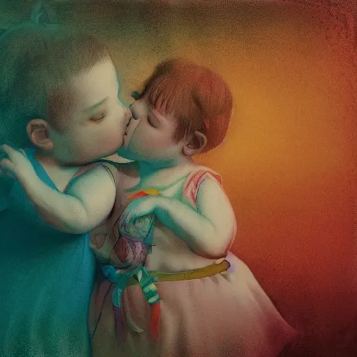 Image similar to the same style. the most beautiful little fat sweet girl is kissing a huge colorful cute fish. modern etching. colored print. hype realistic scene. old photography style. studio lighting. window. 3 d, octane render, deep focus, zbrush. white scene. unreal engine. watercolor