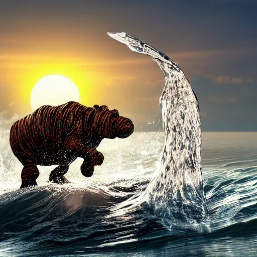 Image similar to a closeup photorealistic photograph of a cute smiling knitted tiger hippopotamus splashing towards a beachball at sunset. surf in background. professional capture. brightly lit scene. this 4 k hd image is trending on artstation, featured on behance, well - rendered, extra crisp, features intricate detail, epic composition and the style of unreal engine.