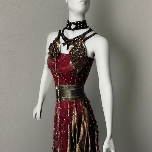 Image similar to fantasy choker dress made of bronze chains of patterned details and chains of the choker dress type. with ruby flowers. realistic. very clear details. a beautiful girl.