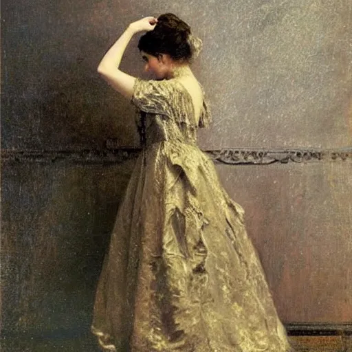 Prompt: victorian girl in ball gown absent - mind looking at her dance card, painting by alfred stevens