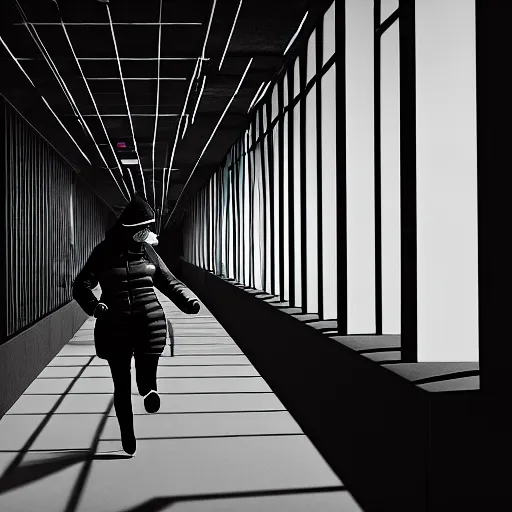 Prompt: woman running down hallway, wearing black beanie and black bomber jacket, holding shotgun, in an underground lab, MC Escher style architecture, sterile, unknown location, light and shadows, fire, bullet shells flying, 4k, cinematic, unreal engine