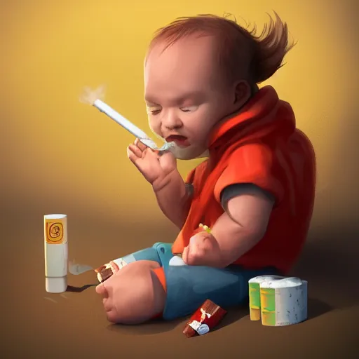 Image similar to digital illustion of baby grogu smoking a cigarette, sitting next to a discarded pack of cigarettes, deviantArt, artstation, artstation hq, hd, 4k resolution