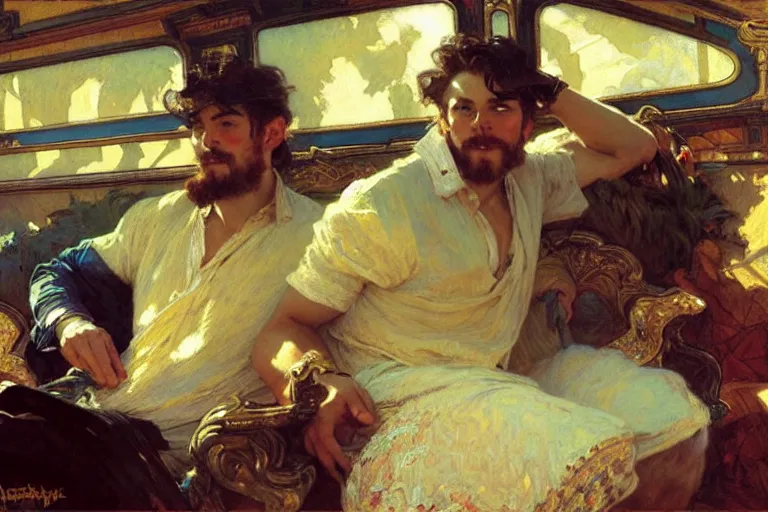 Prompt: 2 attractive men sitting on a coach, painting by gaston bussiere, craig mullins, greg rutkowski, alphonse mucha