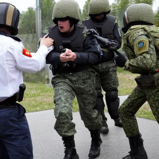 Image similar to a visitor from outer space, being arrested by spetsnaz forces