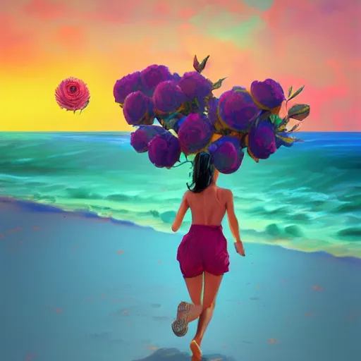 Image similar to portrait, giant rose flower head, woman running at the beach, surreal photography, sunrise, blue sky, dramatic light, impressionist painting, digital painting, artstation, simon stalenhag