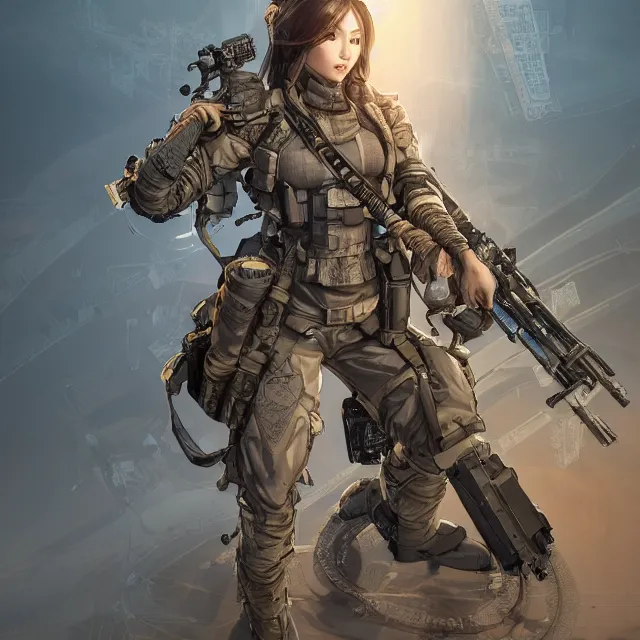 Image similar to the portrait of lawful neutral female futuristic infantry sniper as absurdly beautiful, gorgeous, elegant, young gravure idol, an ultrafine hyperdetailed illustration by kim jung gi, irakli nadar, intricate linework, bright colors, octopath traveler, final fantasy, unreal engine 5 highly rendered, global illumination, radiant light, detailed and intricate environment