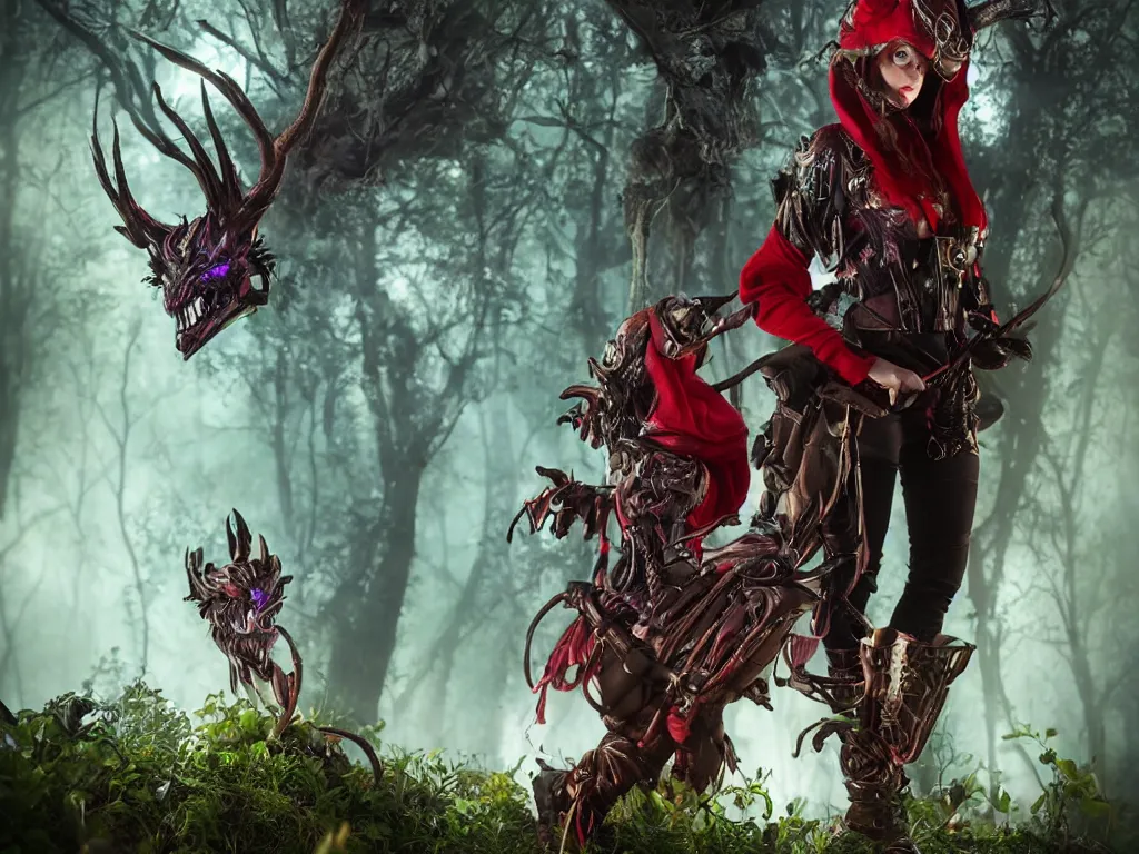 Prompt: mystical monsters in forest hunting on gamekeeper - red ridding hood. she wearing a steampunk and neonpunk mechanical fluorescent mystical animal masks. realistic fornite style. full body. product introduction photos. luminescent, elements, by stanley artgerm lau. epic cinematic shot, perfectly defined features, ambient occlusion