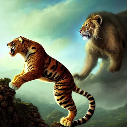 Image similar to a hyperrealistic illustration of a mix of puma and jaguar and lion and tiger jumping over a cliff, giant cat monster, 8 k ultra realistic animal, detailed intricate fur, flame in the fur, with fractal sunlight, award - winning, masterpiece, in the style of tom bagshaw, cedric peyravernay, peter mohrbacher
