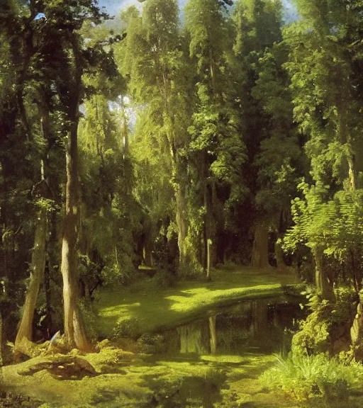 Image similar to artwork painting of a lush environment by eugene von guerard, ivan shishkin, john singer sargent