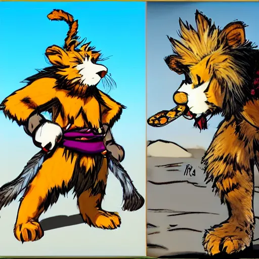 Prompt: Kimahri from Final Fantasy X played by Hobbes from Calvin and Hobbes