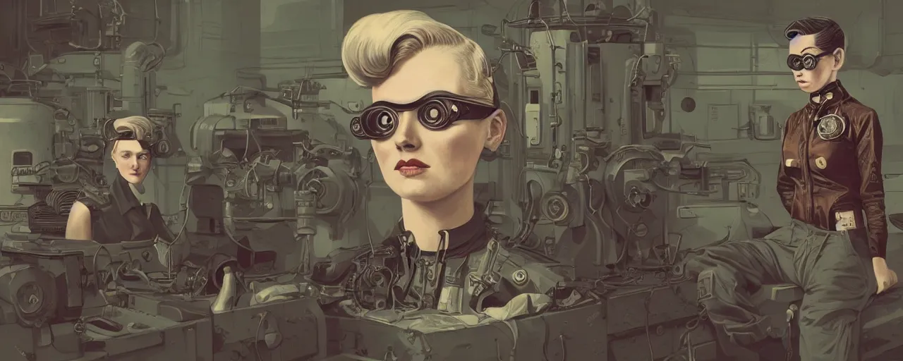 Image similar to vintage illustration 3 / 4 portrait of stoic tattooed heroic emotionless butch blonde woman engineer with short slicked - back hair, wearing victorian goggles, awkward and uncomfortable and anxious, dynamic composition by sachin teng and sergey kolesov and ron cobb. industrial space program, scifi, hyper detailed. octane render. concept art. trending on artstation