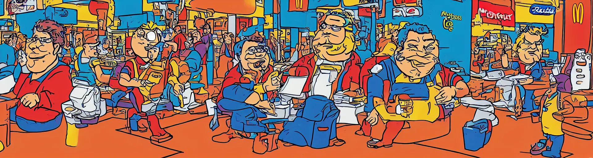 Prompt: jerry garcia working at McDonalds because he lost all of his money leverage trading bitcoin, mike judge art style, 90s mtv illustration