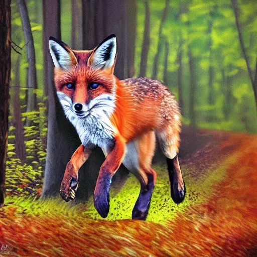 Prompt: fox running through the woods, pop art, high definition