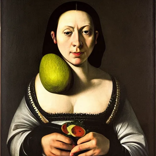 Image similar to frontal portrait of the queen of the avocado empire, by caravaggio