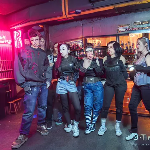 Prompt: photograph of a retro techwear coed group loitering near the bar of a packed busy rundown nightclub, retrofuturism, brutalism, cyberpunk, sigma 85mm f/1.4, 35mm, 4k, depth of field, high resolution, 4k, 8k, hd, highly detailed, tilted frame, long exposure, full color