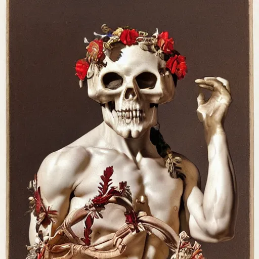 Image similar to a man in the form of a Greek sculpture with a mask in the form of a skull and wreath of flowers skulls in hands dressed in a biomechanical dress, red white and gold color scheme, baroque, by Michelangelo