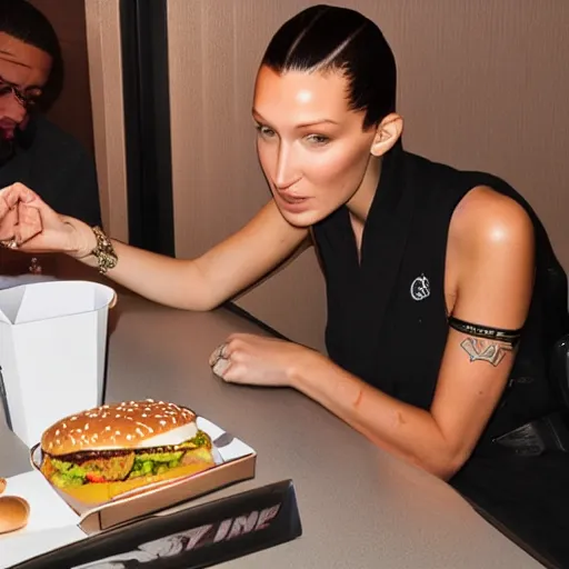 Image similar to rapper drake eating at burger king's fast food with bella hadid, photorealistic, dynamic light, ultra detailed