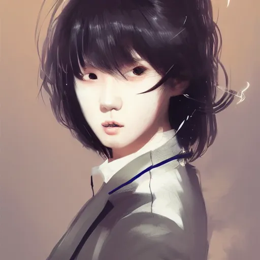 Image similar to portrait of a beautiful korean girl wearing a men's tuxedo, with bangs, very long hair and bangs, angular features, angry expression, dramatic lighting, illustration by Greg rutkowski, yoji shinkawa, 4k, digital art, concept art, trending on artstation