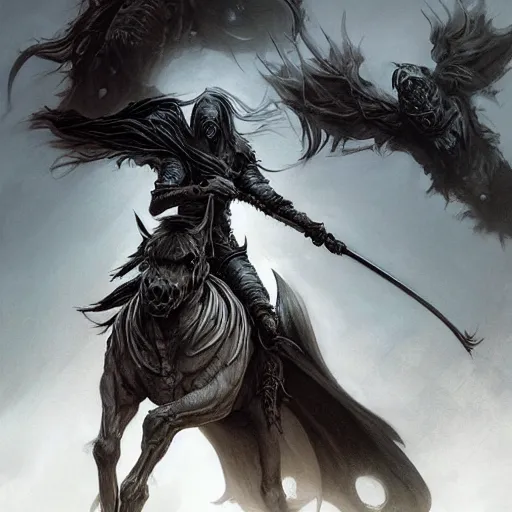 Image similar to concept art by artgerm, death of the four horsemen of the apocalypse, soft grey and blue natural light, intricate, queen of death riding, highly detailed dark art, digital painting, artstation, concept art, smooth, sharp focus, illustration, art by greg rutkowski and luis rollo and uang guangjian and gil elvgren, symmetry!