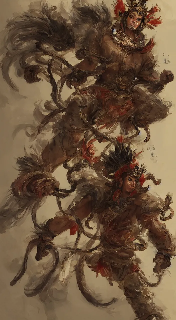 Image similar to concept art of monkey king 孙 悟 空 from chinese myth 西 游 记, 紫 金 冠, 黄 金 甲, character design, artstation by jean - baptiste monge and craig mullins and greg rutkowsk and feng zhu