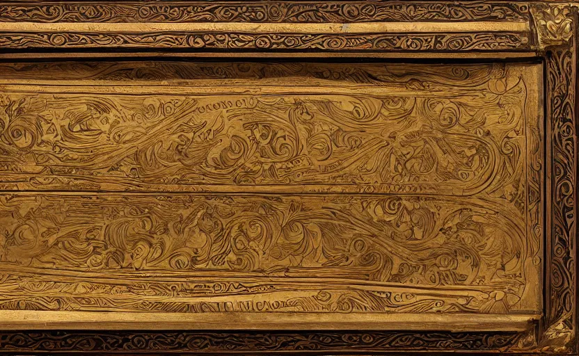 Prompt: golden musket with engravings laying on a wooden table, complex, high detail