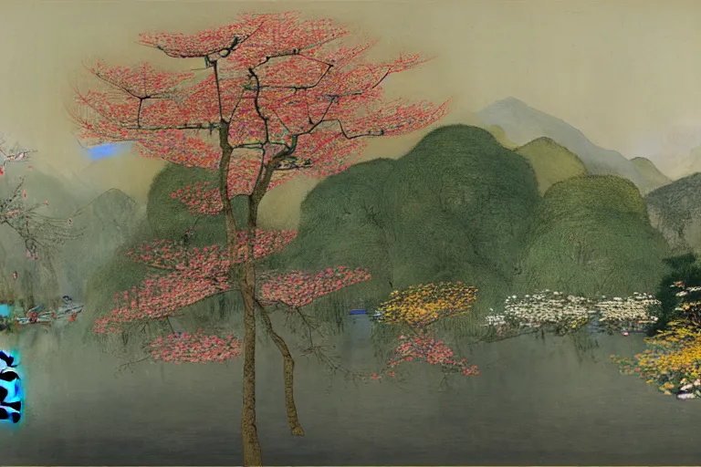 Image similar to an ultradetailed landscape painting of westlake in china hangzhou, may flowers blossoms nearby, autumn wind, chinese water color, smooth, sharp focus, illustration, by hilma af klint, 8 k