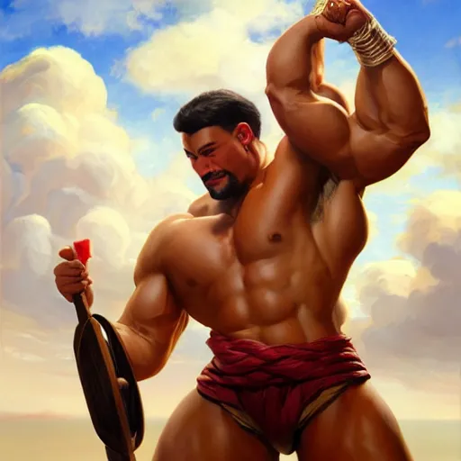 Prompt: the ultimate Peruvian gigachad, muscular man, oil on canvas artstation by J. C. Leyendecker and Edmund Blair Leighton and Charlie Bowater octane render