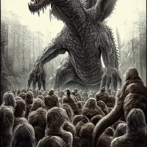 Image similar to A beautiful drawing of a large, dragon-like creature with sharp teeth, talons, and a long tail. The creature is looming over a small group of people who appear to be in distress. by Satoshi Kon, by Matthias Jung