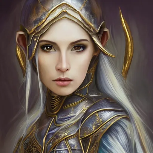 Prompt: portrait of a beautiful young elven warrior, looking away, fantasy!!!!, shiny golden armour, black hair, facial features, trending on artstation, gsociety, D&D, elegant, highly detailed!!!, digital painting, smooth, sharp focus!!!, upper body, intricate, symmetrical facial features, realistic face!!!!! by greg rutkowski, Alphonse Mucha, Ayami Kojima, Charlie Bowater, Karol Bak, Greg Hildebrandt