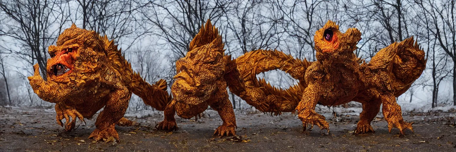 Image similar to photo of real life pokemons, creepy!!!, scaly!!!, gritty!!!, menacing!!!, evil, ultra realistic, gritty, winter, slight overcast, golden hour, volumetric lighting, sharp focus