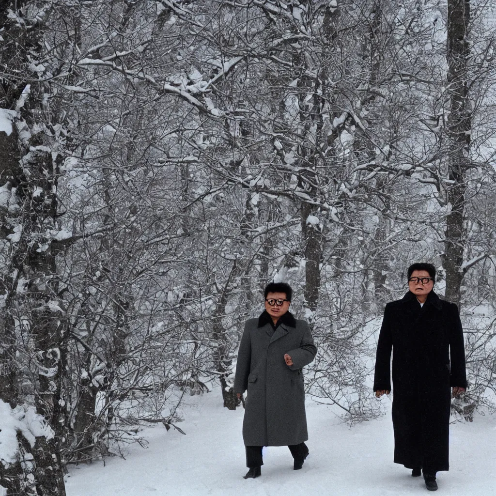 Image similar to filmstill of Kim Jong-il wearing a furry chapka and playing the role of Omar Sharif in Doctor Zhivago by David Lean, man in grey winter coat, cold Russian winter, snow and trees, Prussian architecture, minimal composition, 1965, cinemascope, Eastman Color Negative 50T 5251 Neg. Film, epic romance